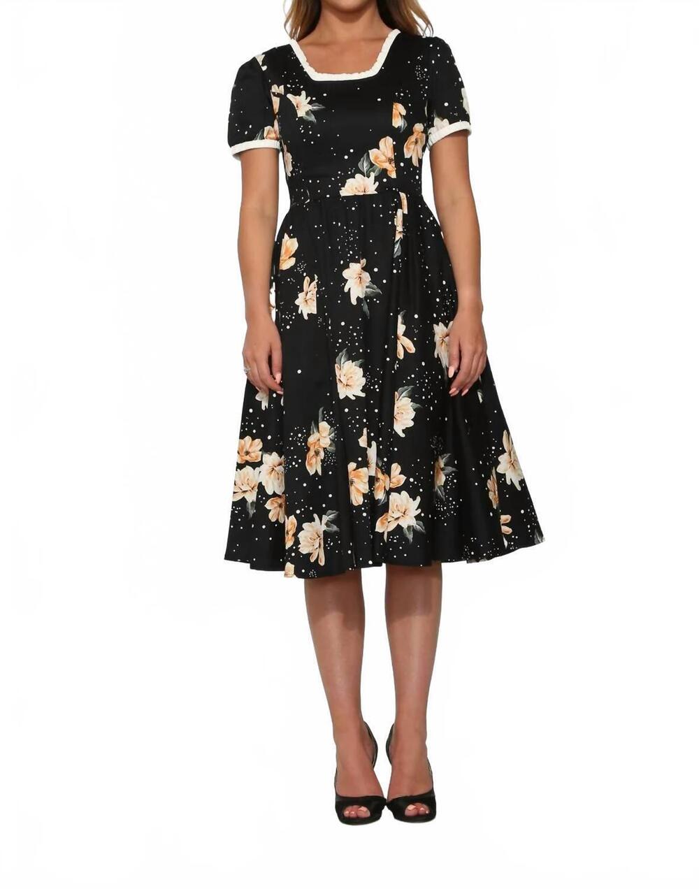 NEW ORCHID BLOOM floral swing dress in black yellow